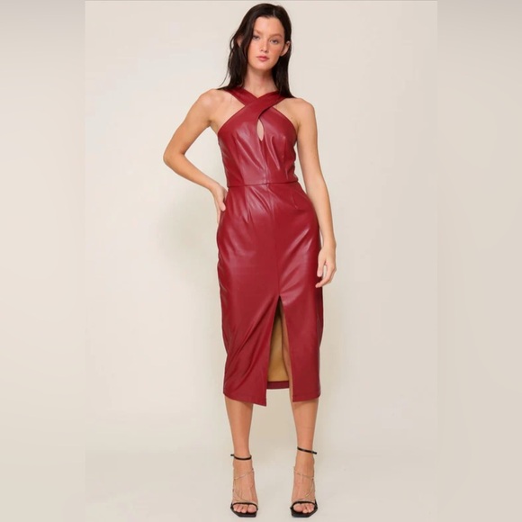 fab'rik Red Vegan Leather Halter Midi Dress - Picture 1 of 8